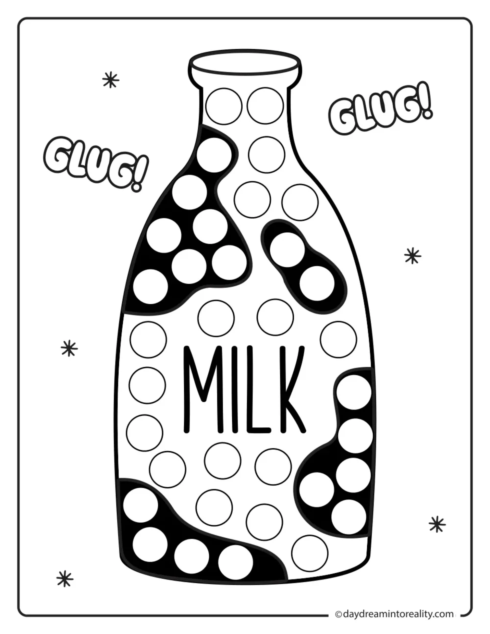 Farm dot marker printable featuring a glass milk bottle labeled Milk.