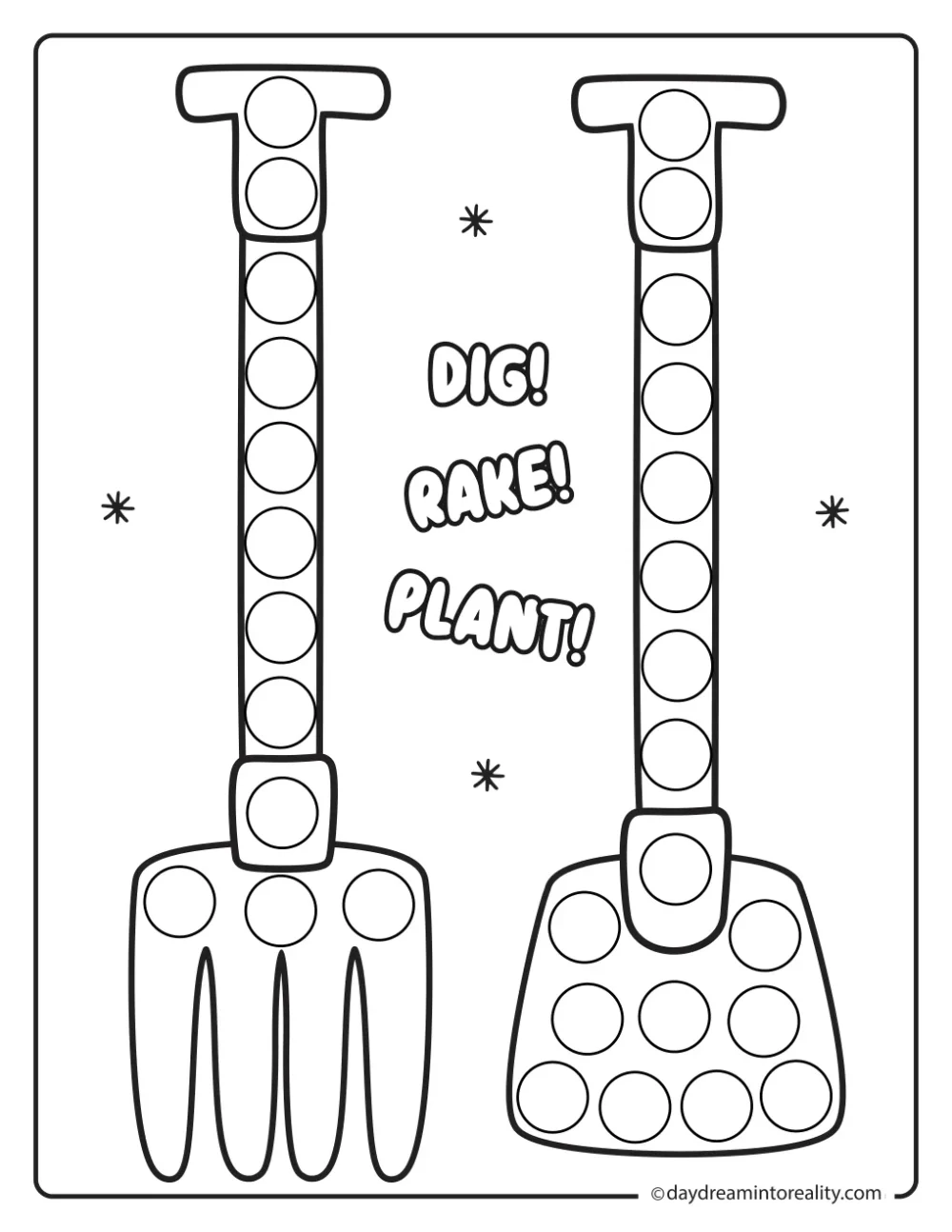 Farm dot marker printable featuring a pitchfork and hoe with the words Dig Rake Plant.
