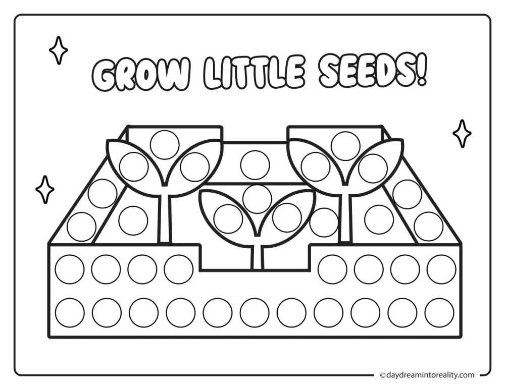 Black and white farm dot marker printable featuring vegetables growing in a raised garden bed.