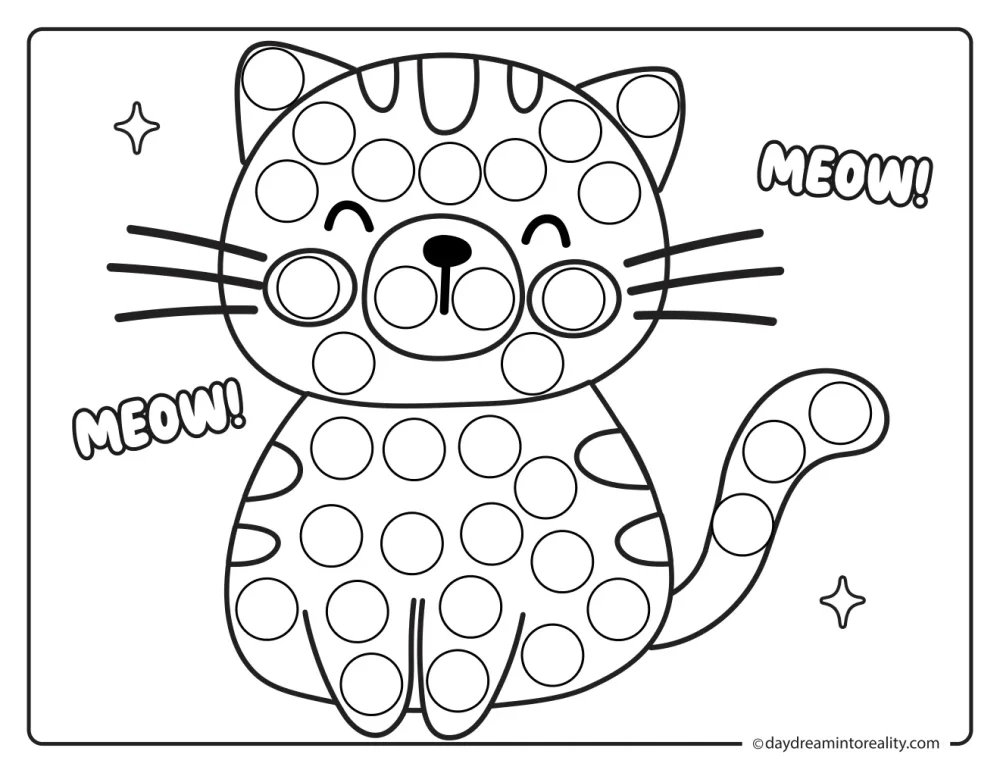 Black and white farm dot marker printable featuring a smiling cat sitting with its tail curled beside it.