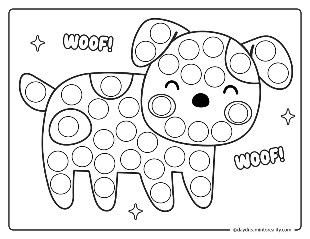 Black and white farm dot marker printable featuring a standing dog with dots across its body and legs.