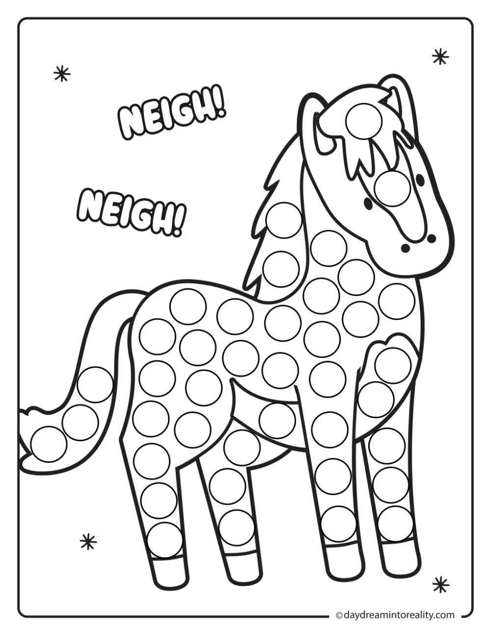 Black and white farm dot marker printable featuring a standing horse with dots across its body and legs.