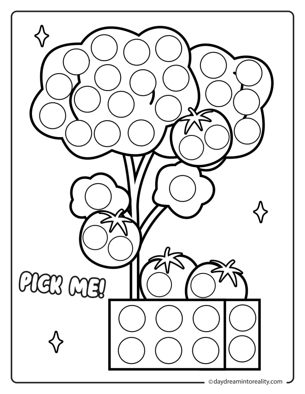 Black and white farm dot marker printable featuring a tomato plant beside a basket of freshly picked tomatoes.