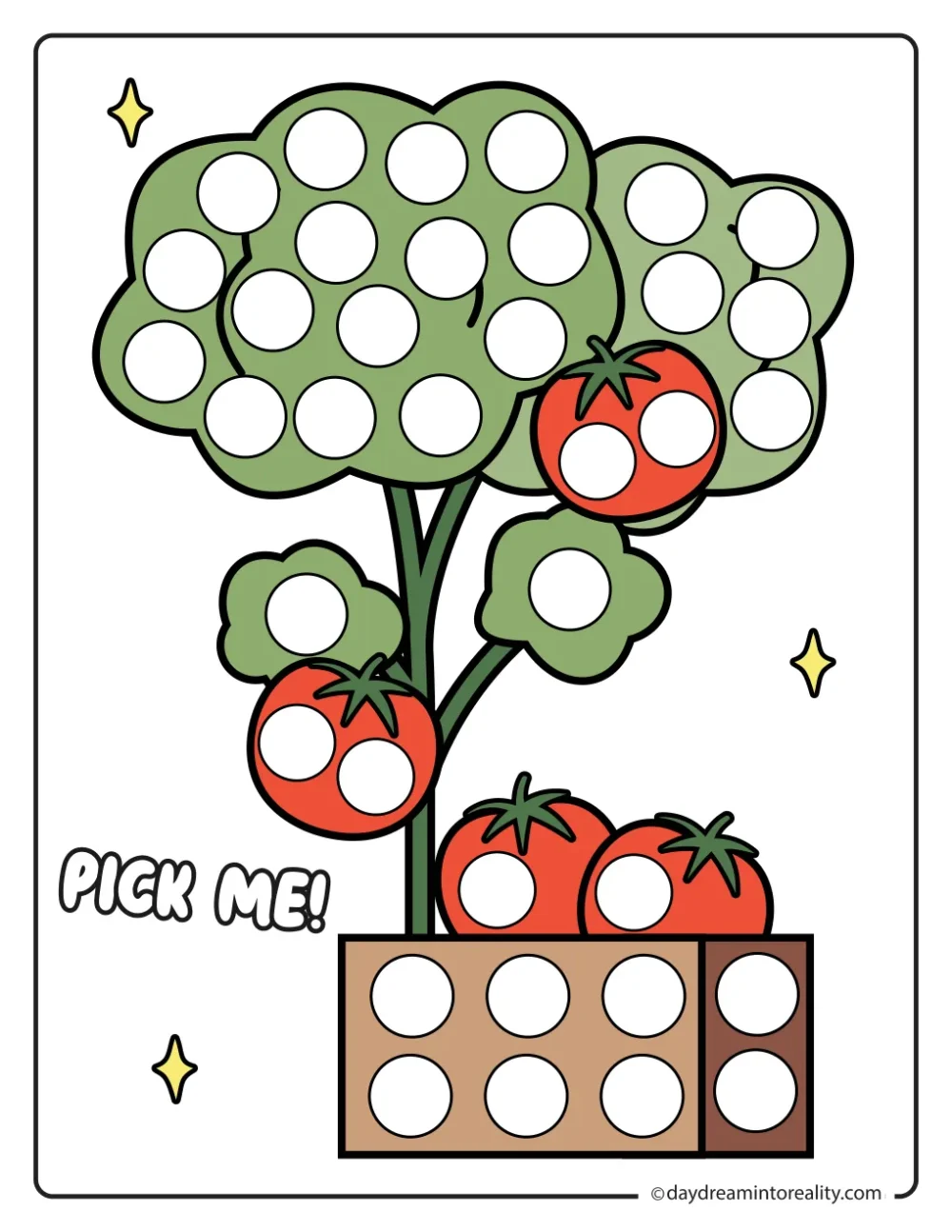 Color farm dot marker printable featuring a tomato plant beside a basket of freshly picked tomatoes.