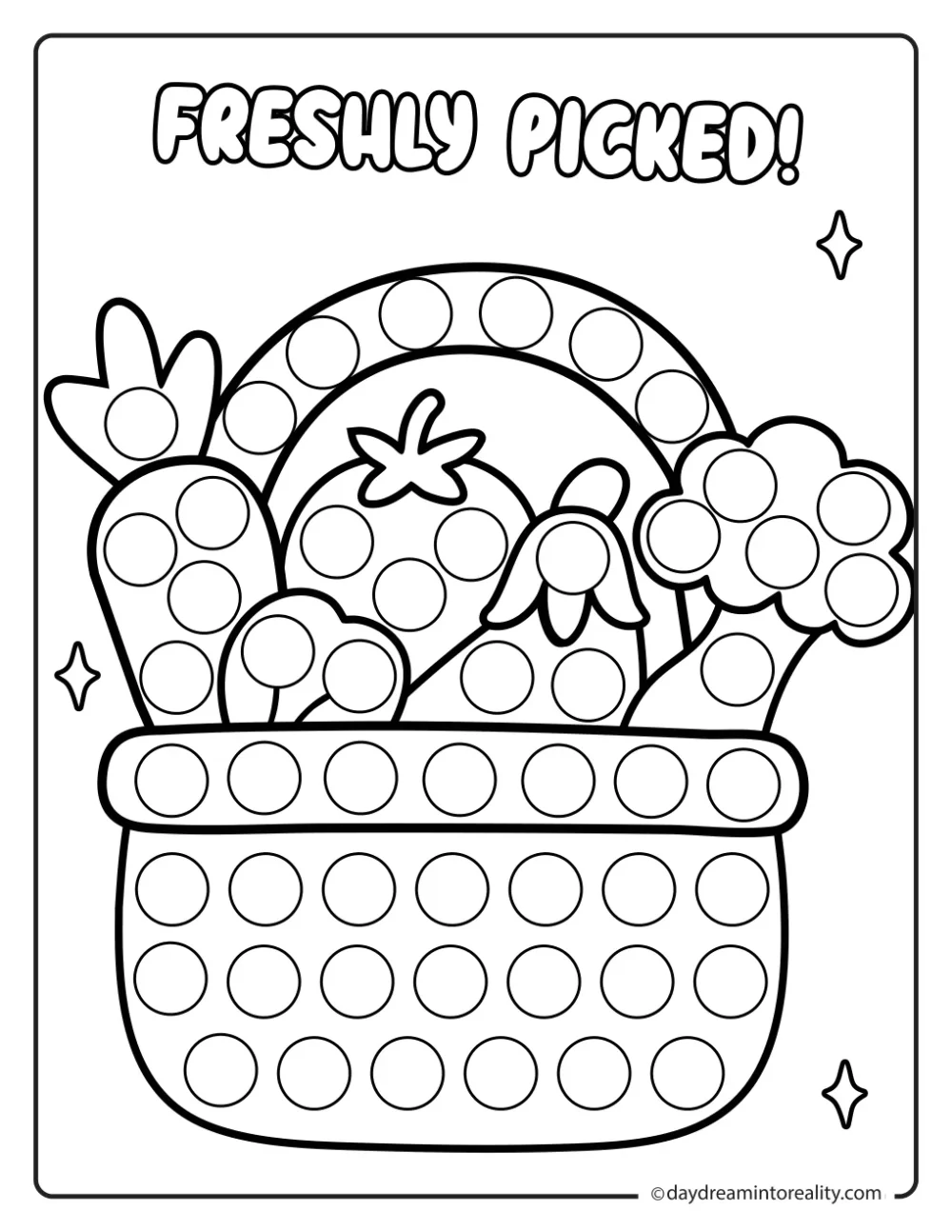 Black and white farm dot marker printable featuring a basket filled with freshly picked vegetables.