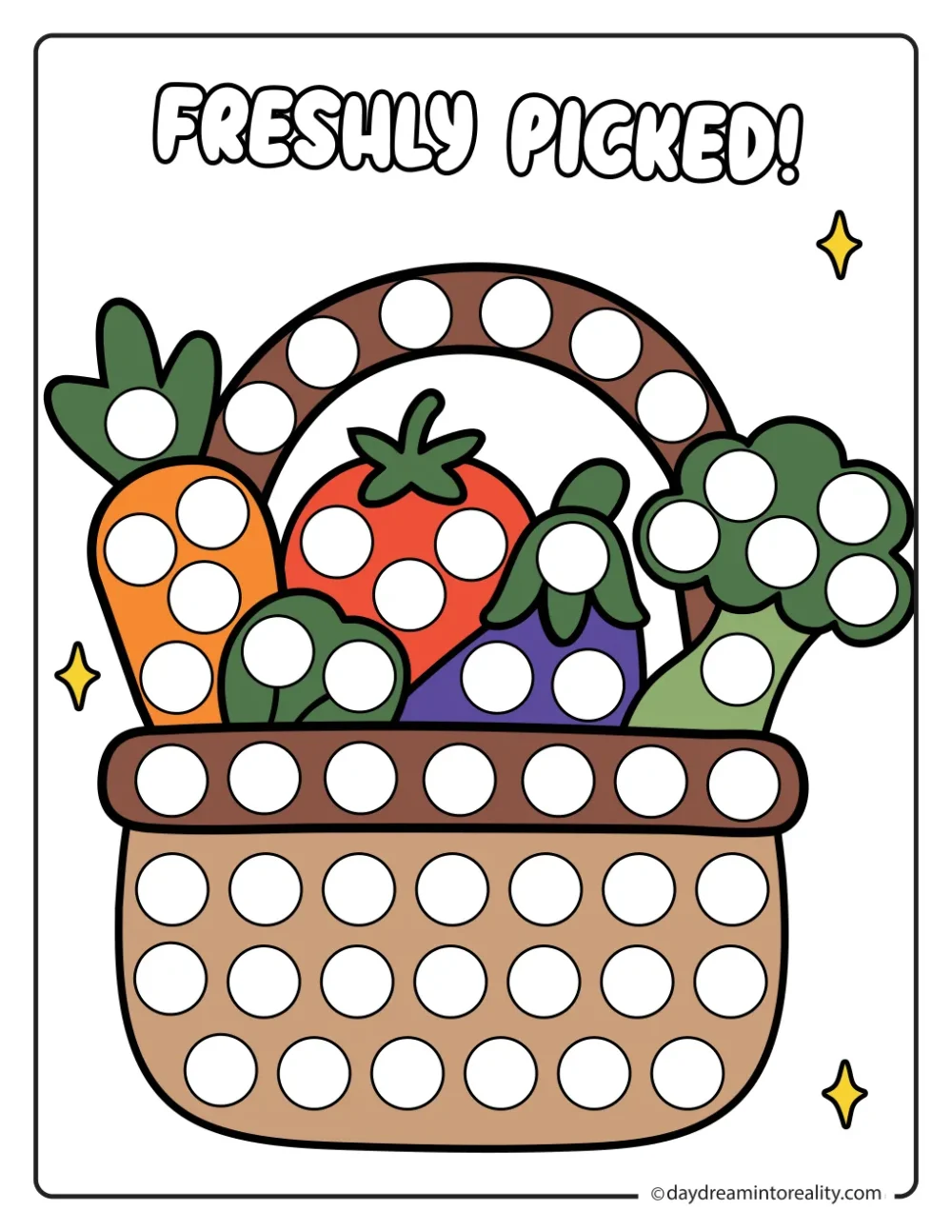 Color farm dot marker printable featuring a basket filled with freshly picked vegetables.