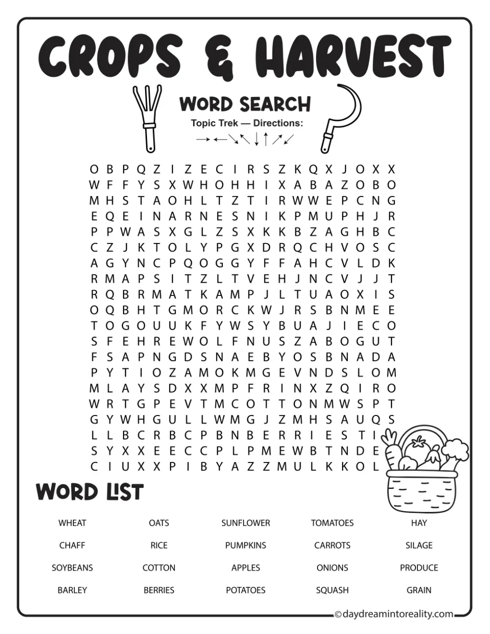 Crops and harvest word search with twenty crop terms and gardening tool illustrations.