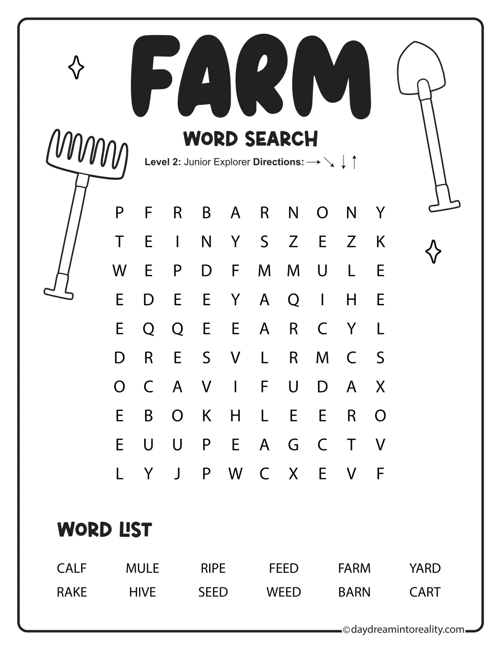 Easy farm word search with twelve words, a letter grid, and rake and shovel illustrations.