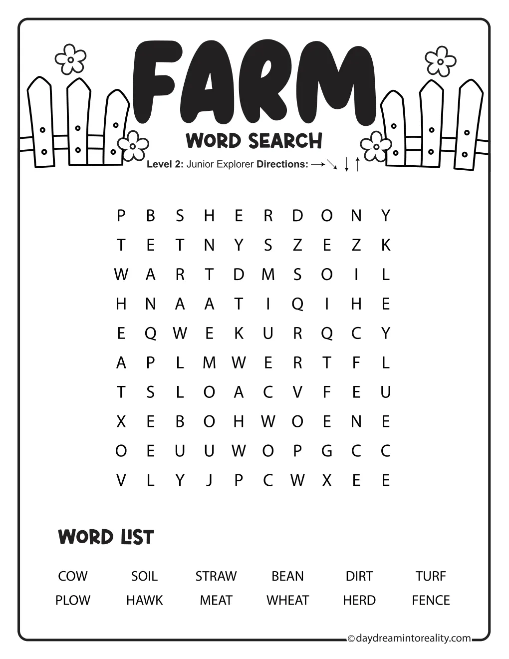 Easy farm word search with twelve words and a fence decorated with flowers.
