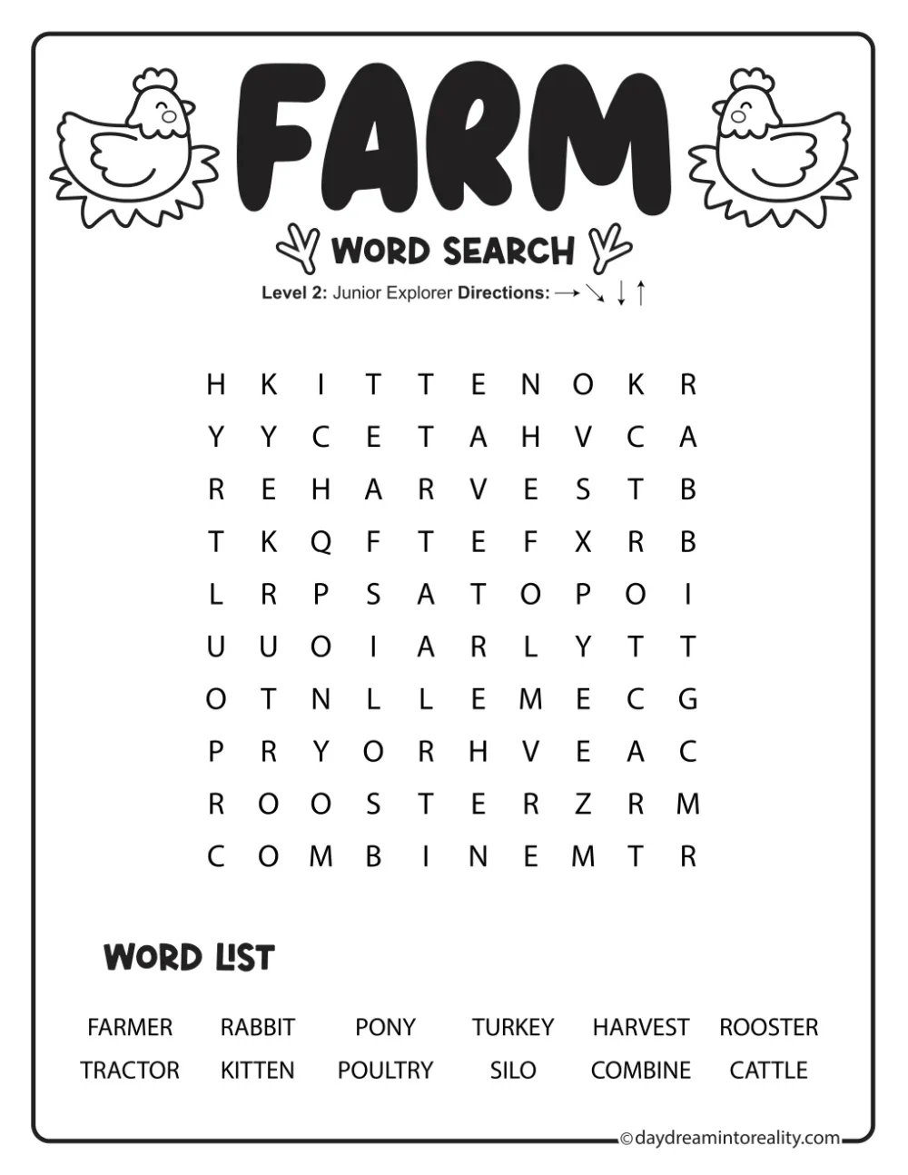 Easy farm word search with twelve words and cheerful sun illustrations.