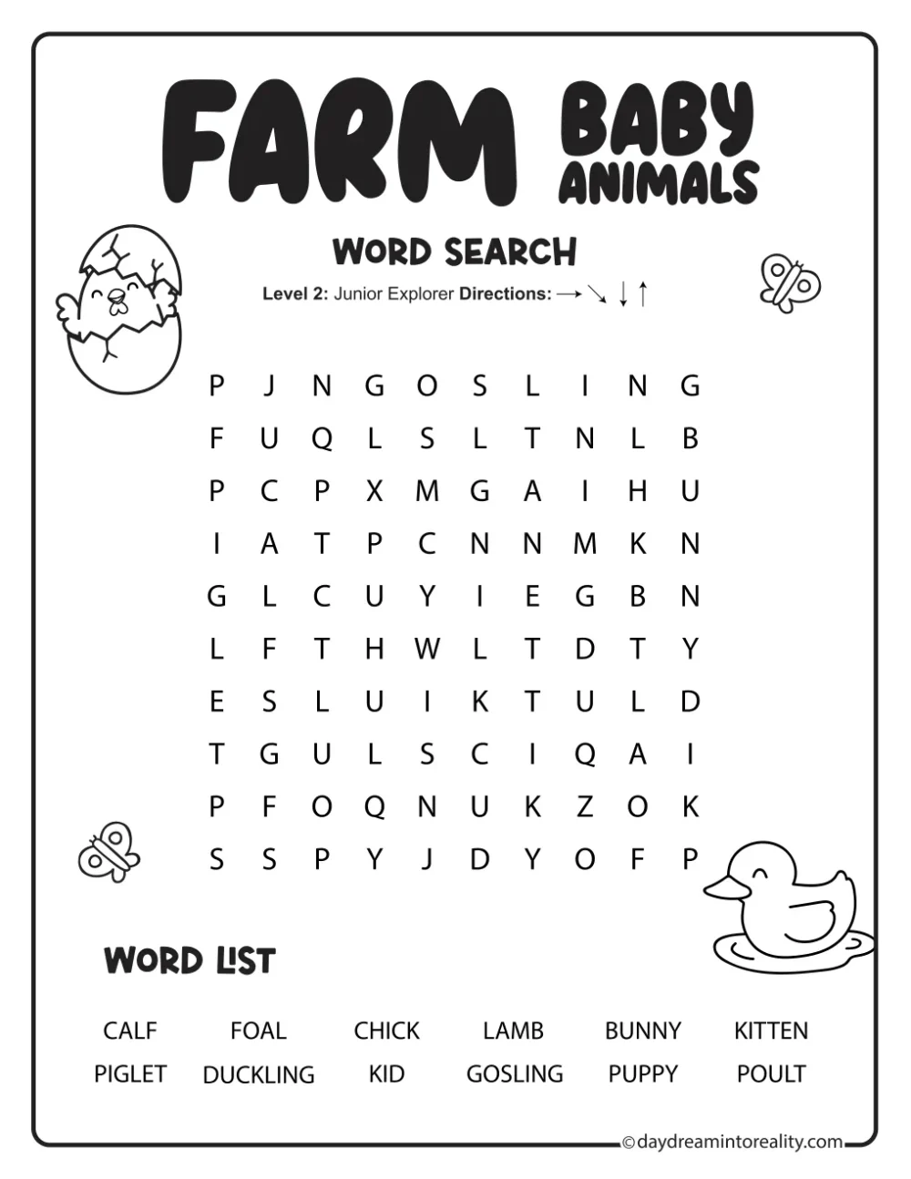 Easy farm word search about baby animals with twelve words and chick and duck illustrations.