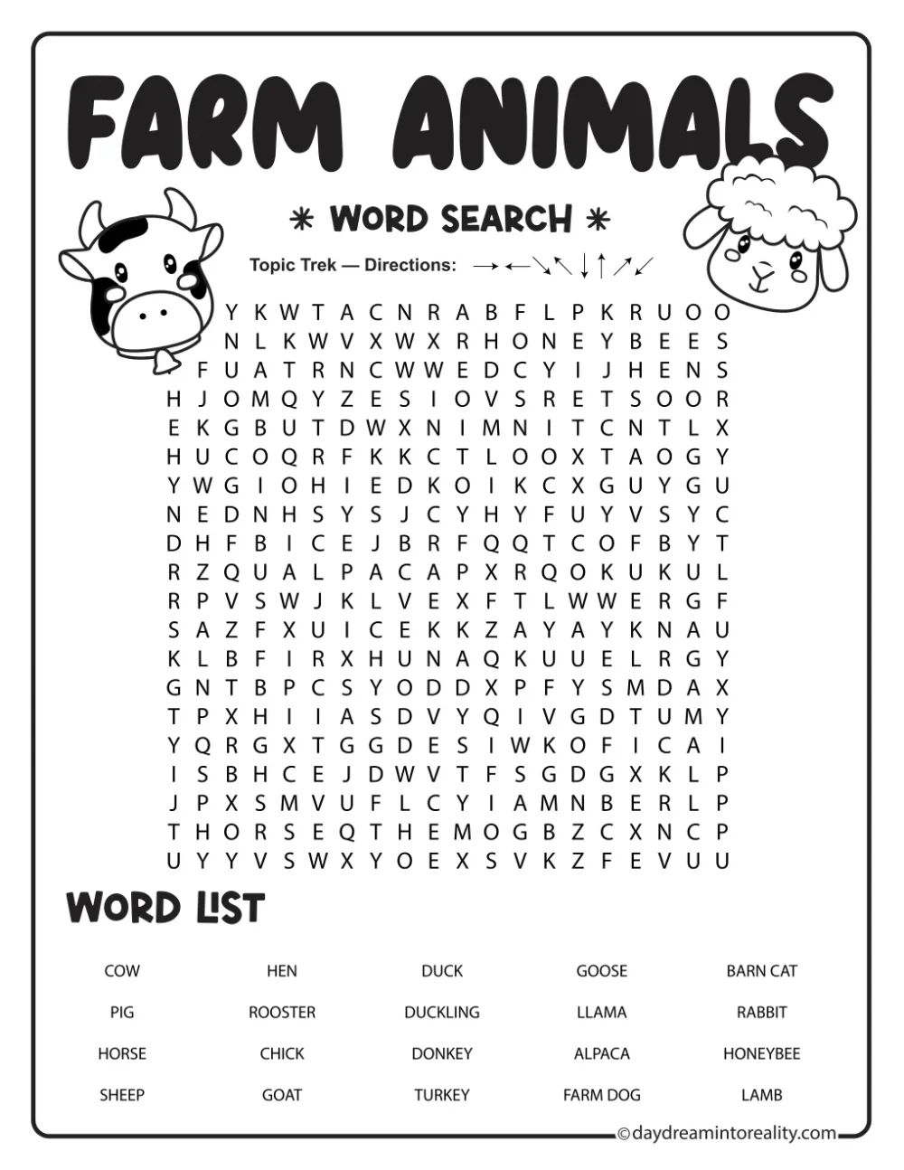 Farm animals word search with twenty animal terms and cow and sheep illustrations.