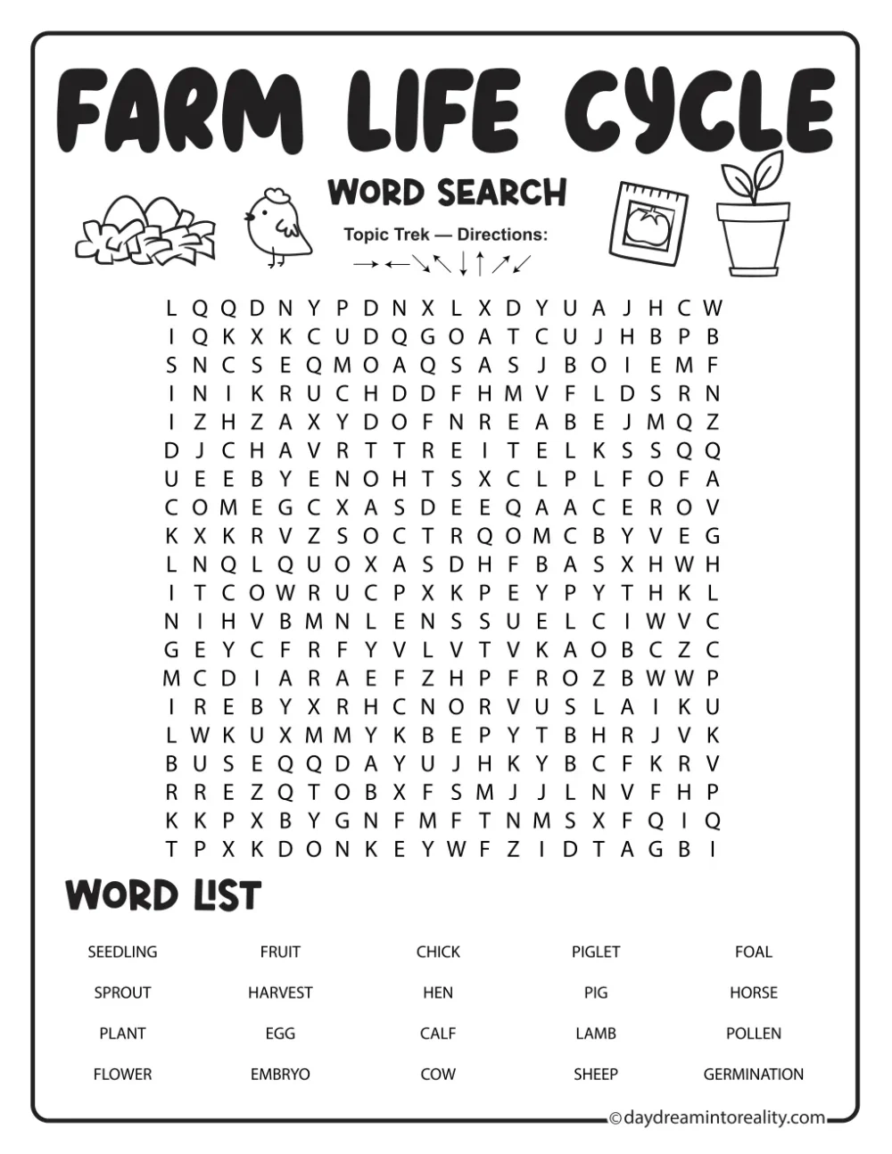 Farm life cycles word search with twenty growth terms and illustrations of a chick, leaves, and a sprout.