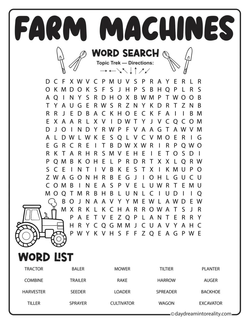 Farm machines word search with twenty equipment terms and tractor and hand-tool illustrations.