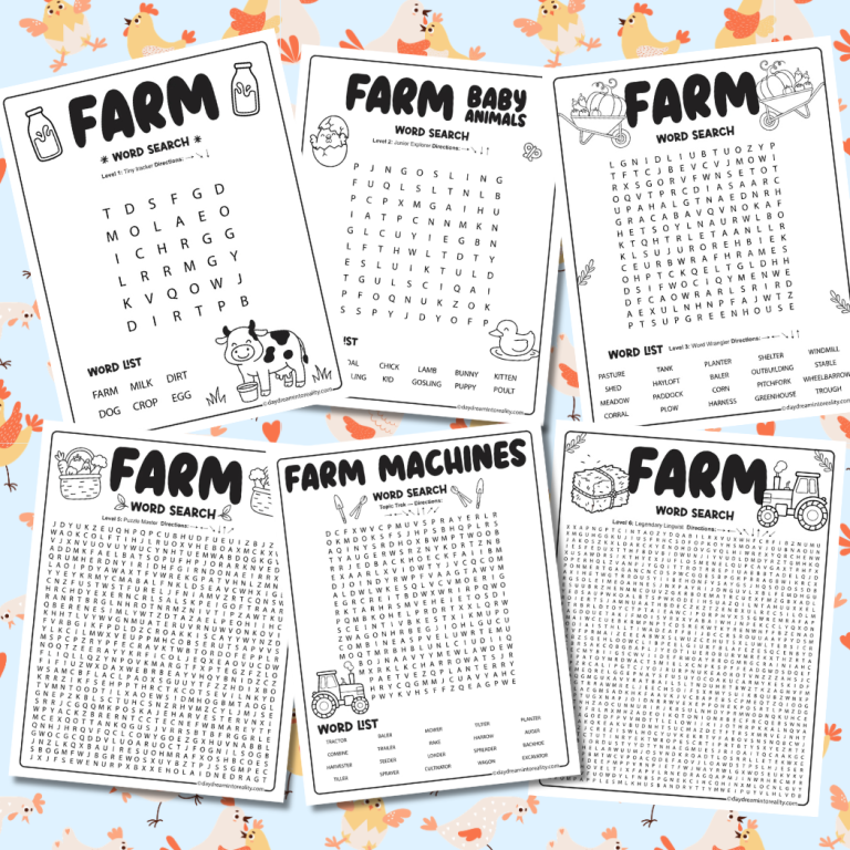 Collection of farm word search puzzles for kids with multiple difficulty levels