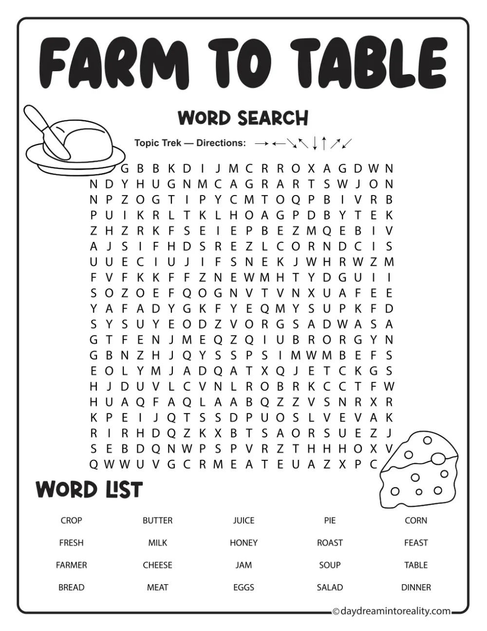 Farm-to-table word search with twenty food terms and illustrations of bread and cheese.