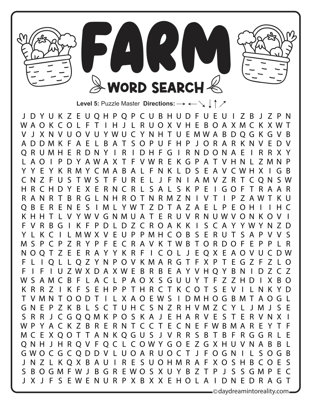 Hard farm word search with a large letter grid, vegetable baskets, and a separate fifty-word list.