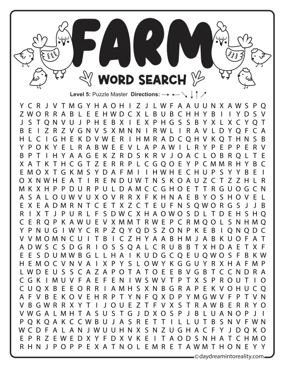 Hard farm word search with a large letter grid, turkey illustrations, and a separate fifty-word list.