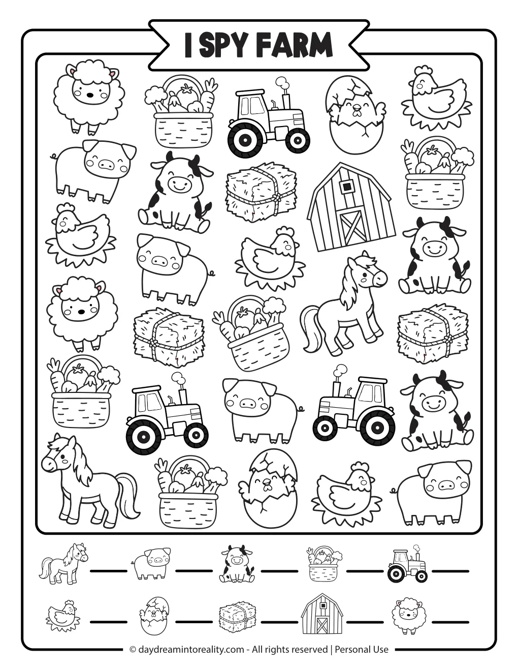 Easy black and white farm I Spy counting puzzle with farm animals and objects