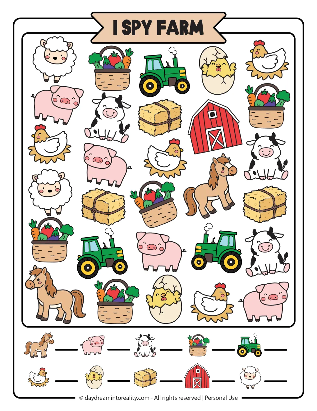 Easy farm I Spy counting puzzle in color with farm animals and objects
