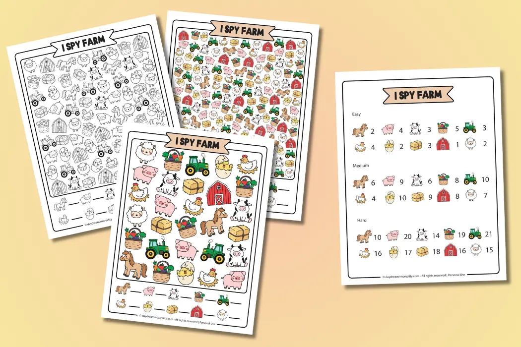 I Spy Farm free printable PDF answers included. Color and black & white. Easy, medium and hard.