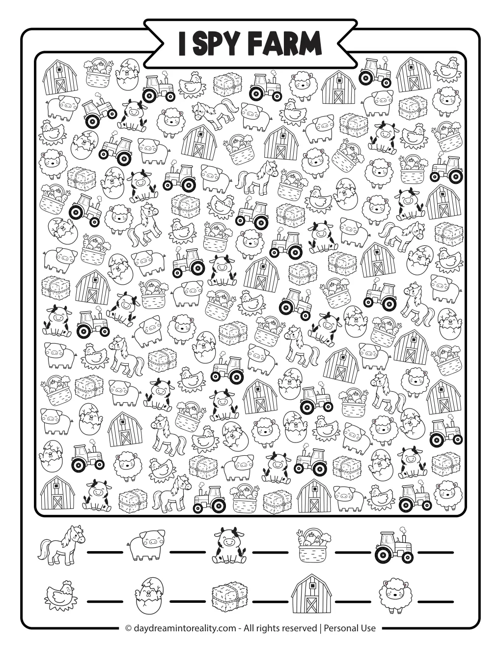 Hard black and white farm I Spy counting puzzle with many farm animals and objects