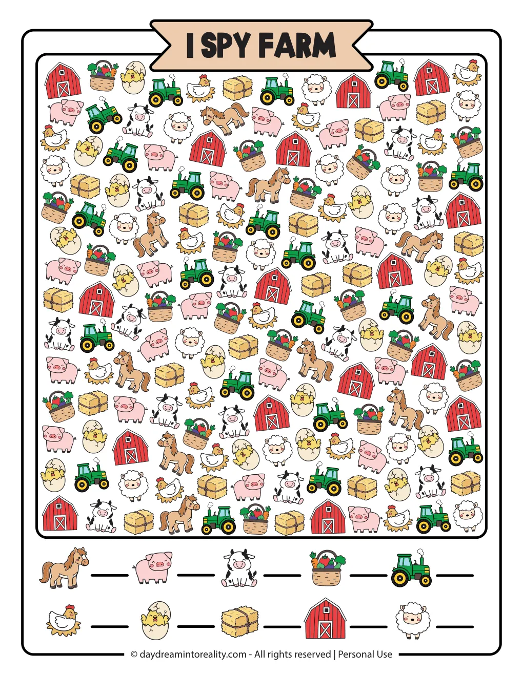 Hard farm I Spy counting puzzle in color with many farm animals and objects