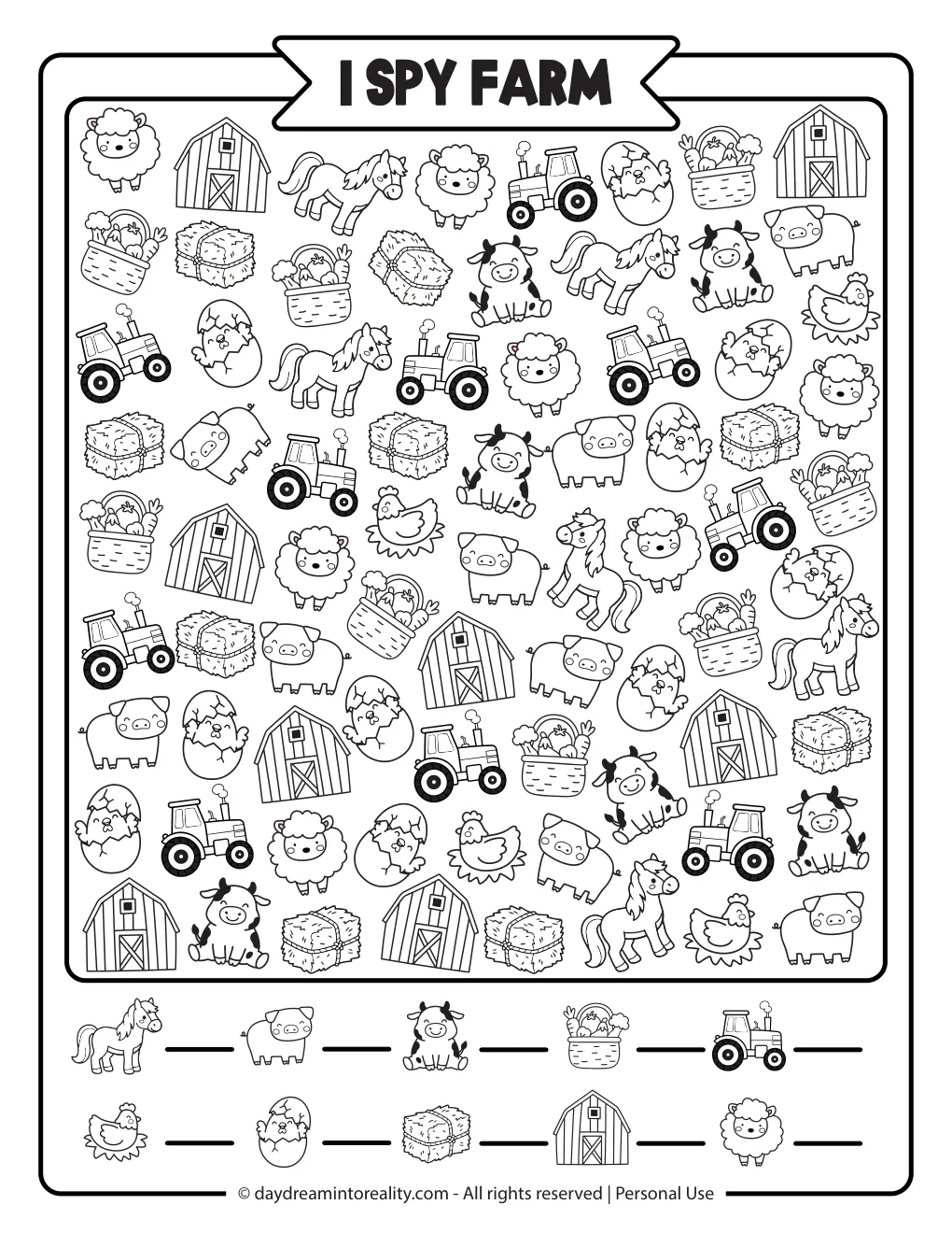Medium black and white farm I Spy counting puzzle with farm animals and objects