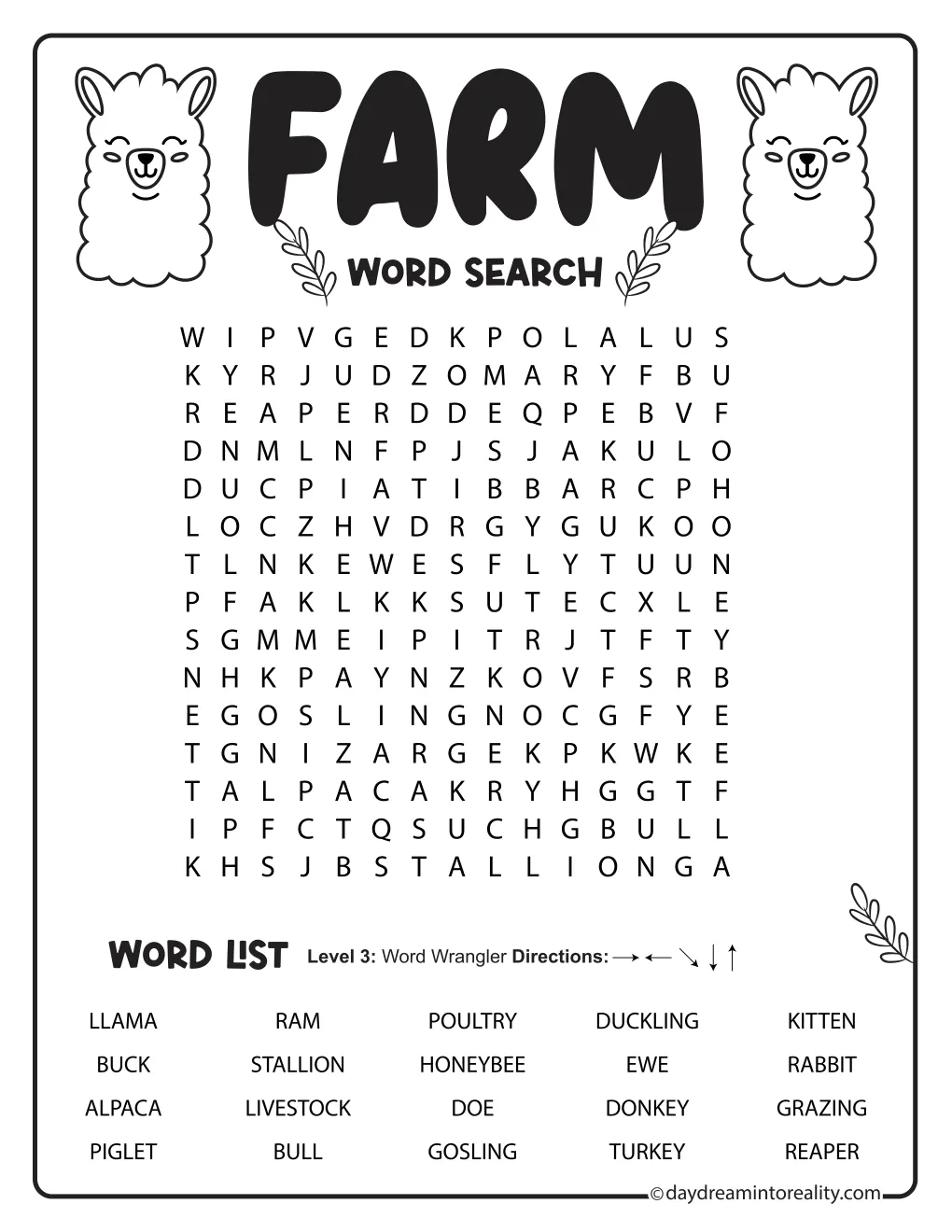 Medium farm word search with twenty words and llama illustrations.