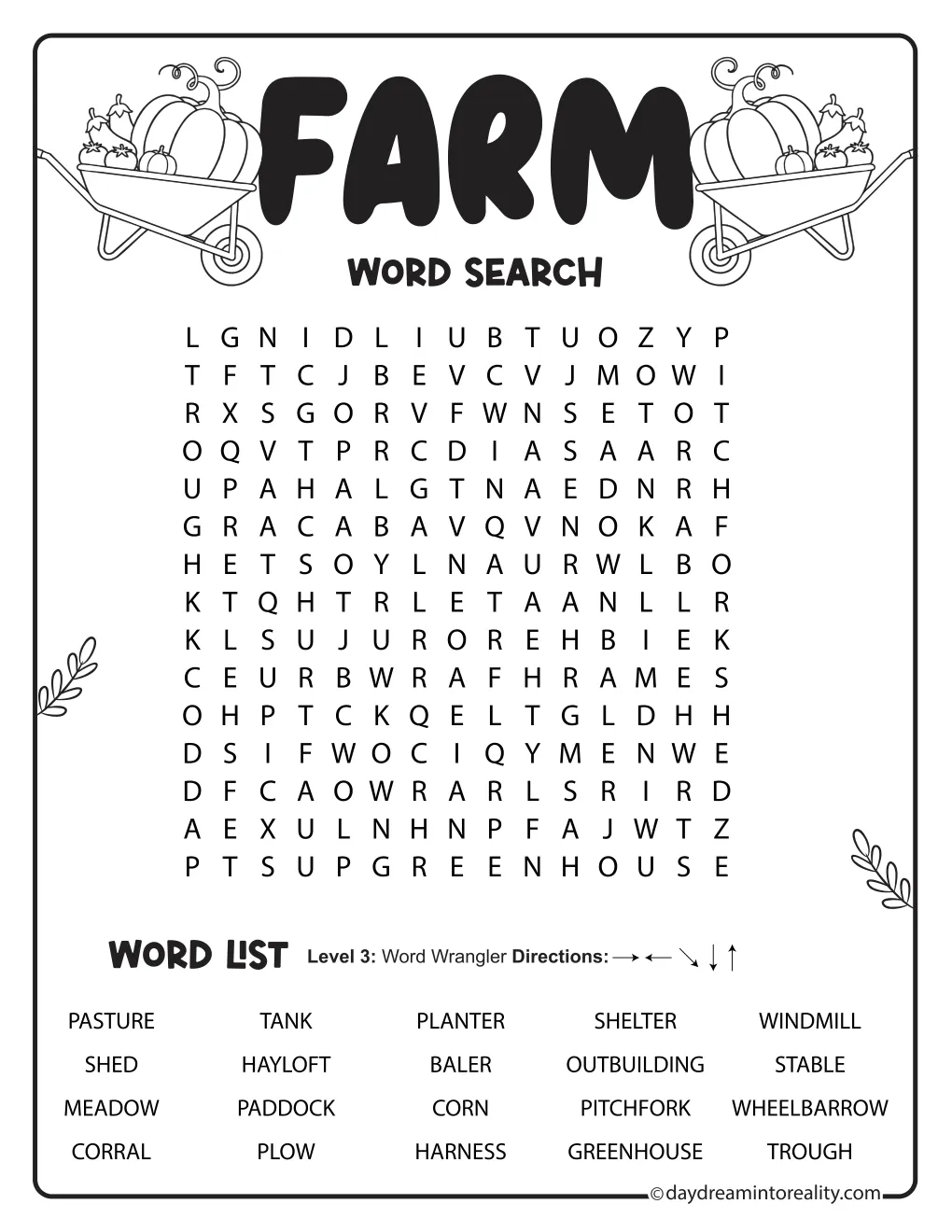 Medium farm word search with twenty words and wheelbarrows filled with vegetables.