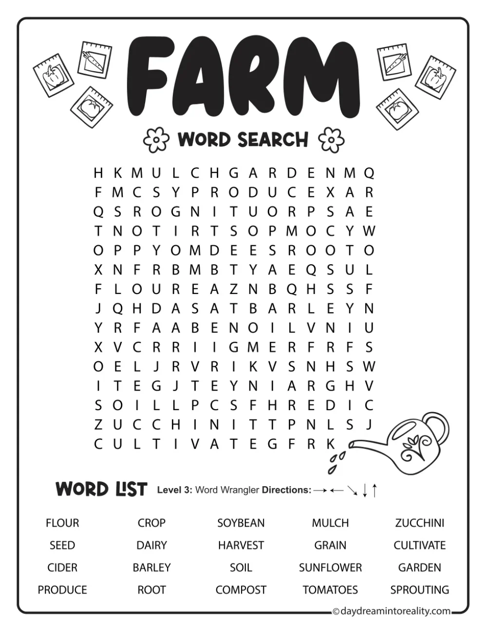 Medium farm word search with twenty words and seed packet illustrations.