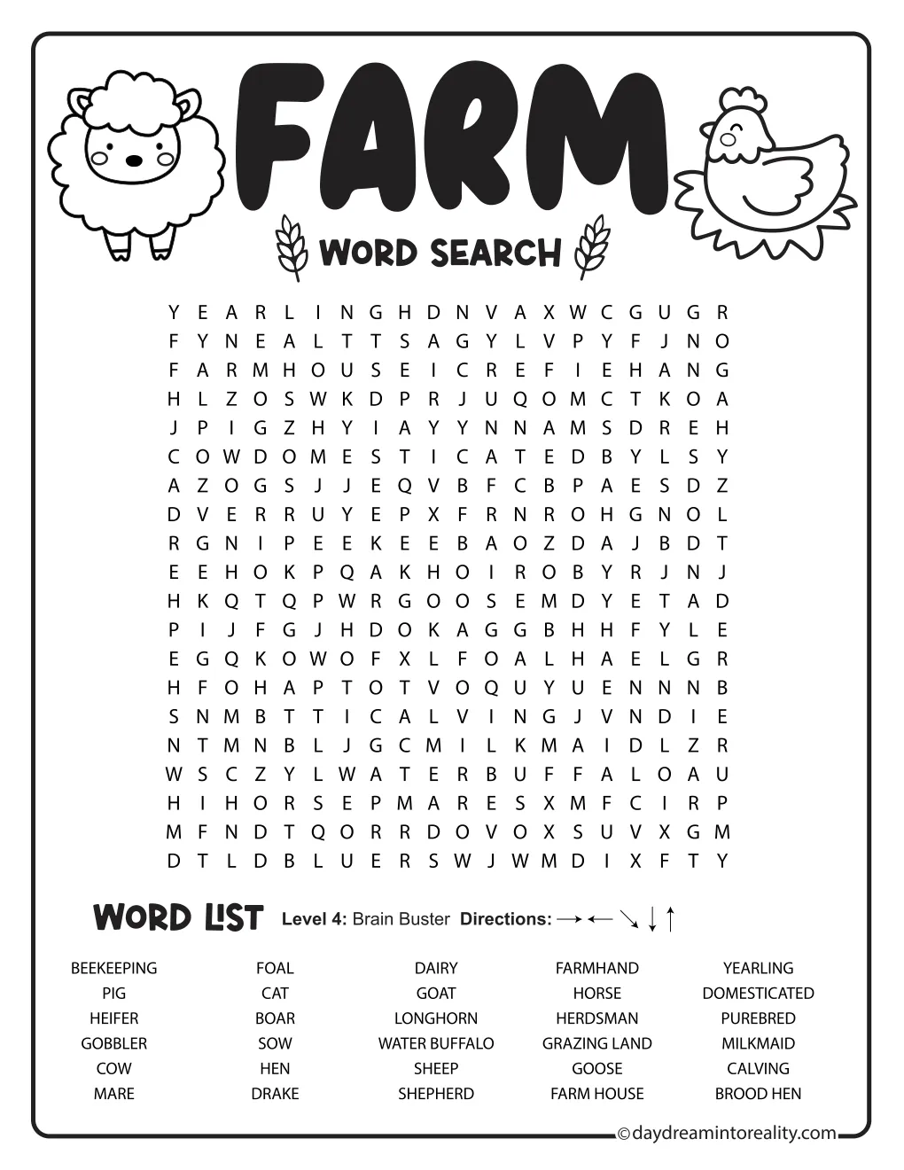 Medium-hard farm word search with thirty words and sheep and chick illustrations.