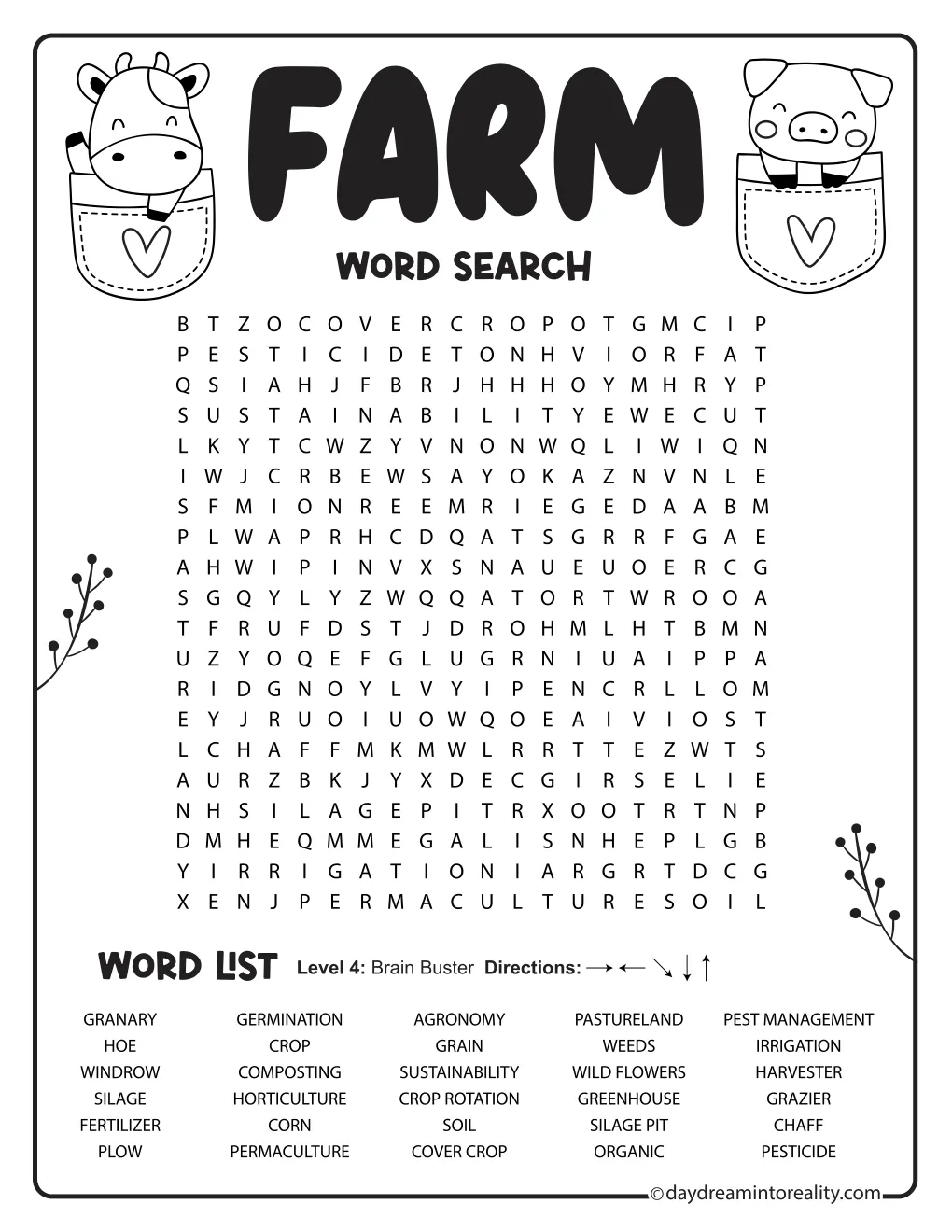 Medium-hard farm word search with thirty words and cow illustrations.