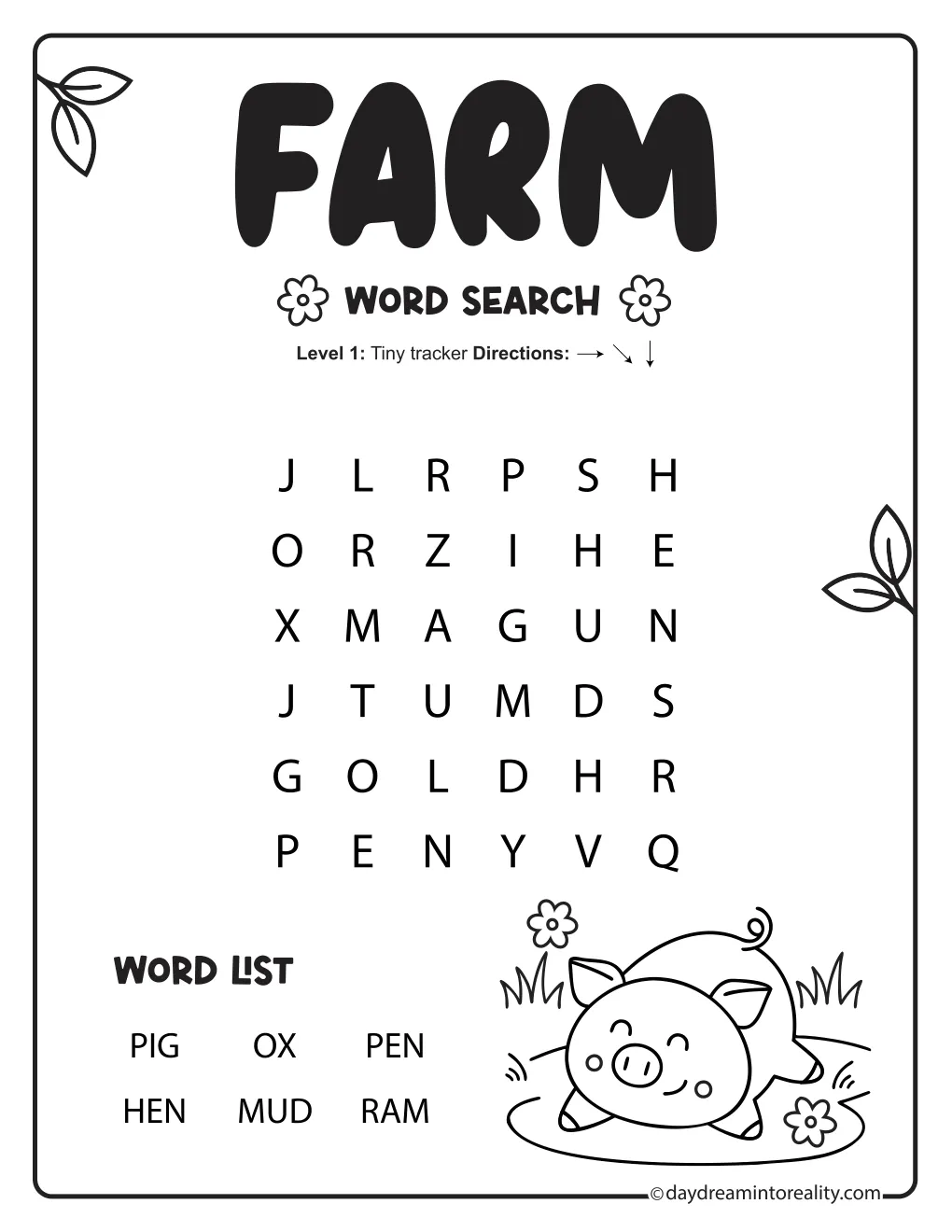 Black-and-white farm word search with six simple words, a small letter grid, and a pig illustration.