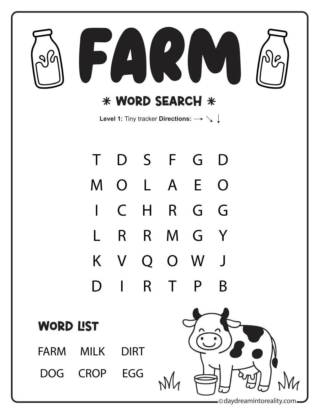 Black-and-white farm word search with six early-reading words and a cow beside a milk pail.