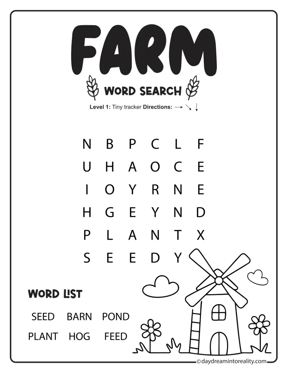 Black-and-white farm word search with six simple words and a windmill illustration.