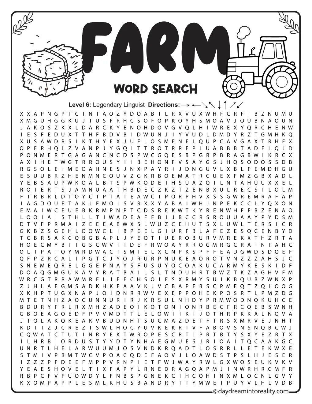 Very hard farm word search with a dense letter grid, tractor and hay illustrations, and a separate hundred-word list.