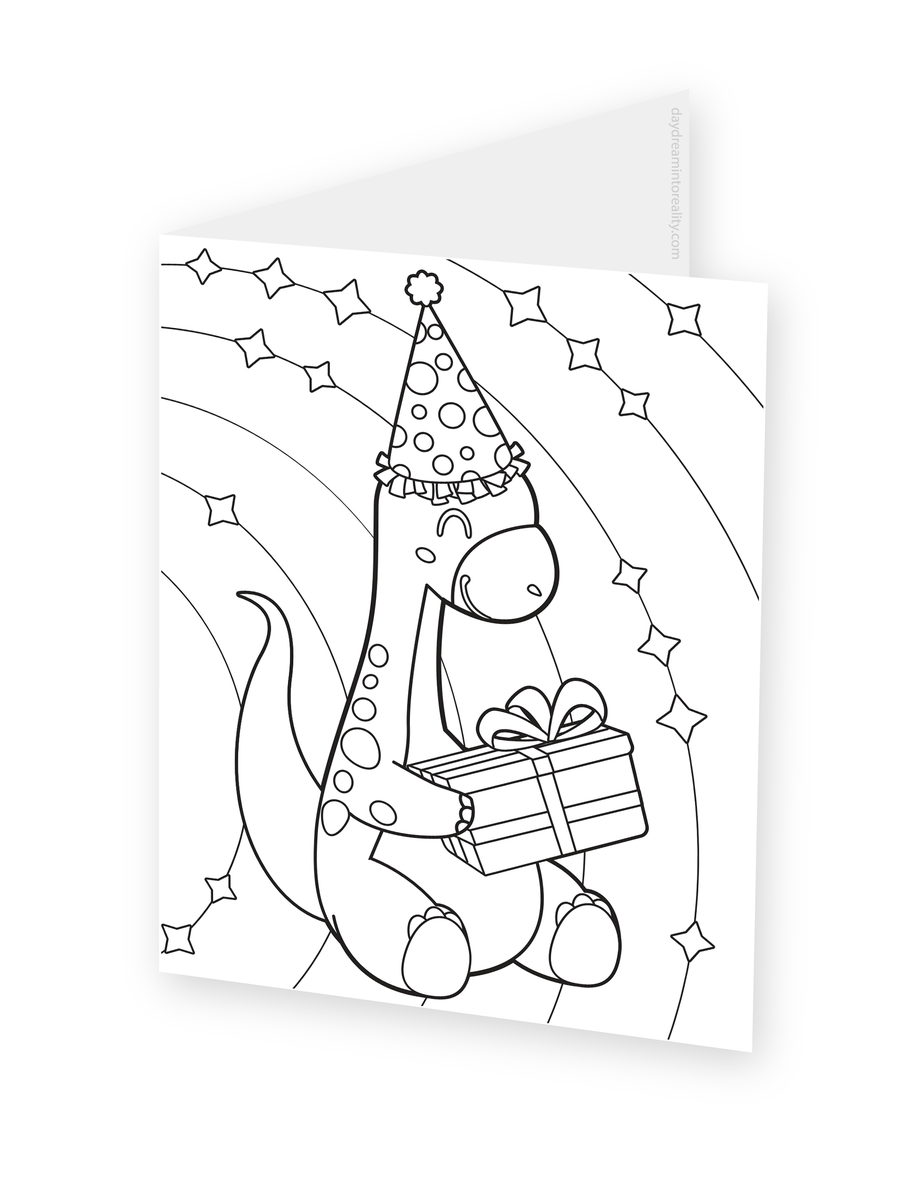 Foldable coloring card featuring a small dinosaur wearing a party hat and holding a wrapped gift.