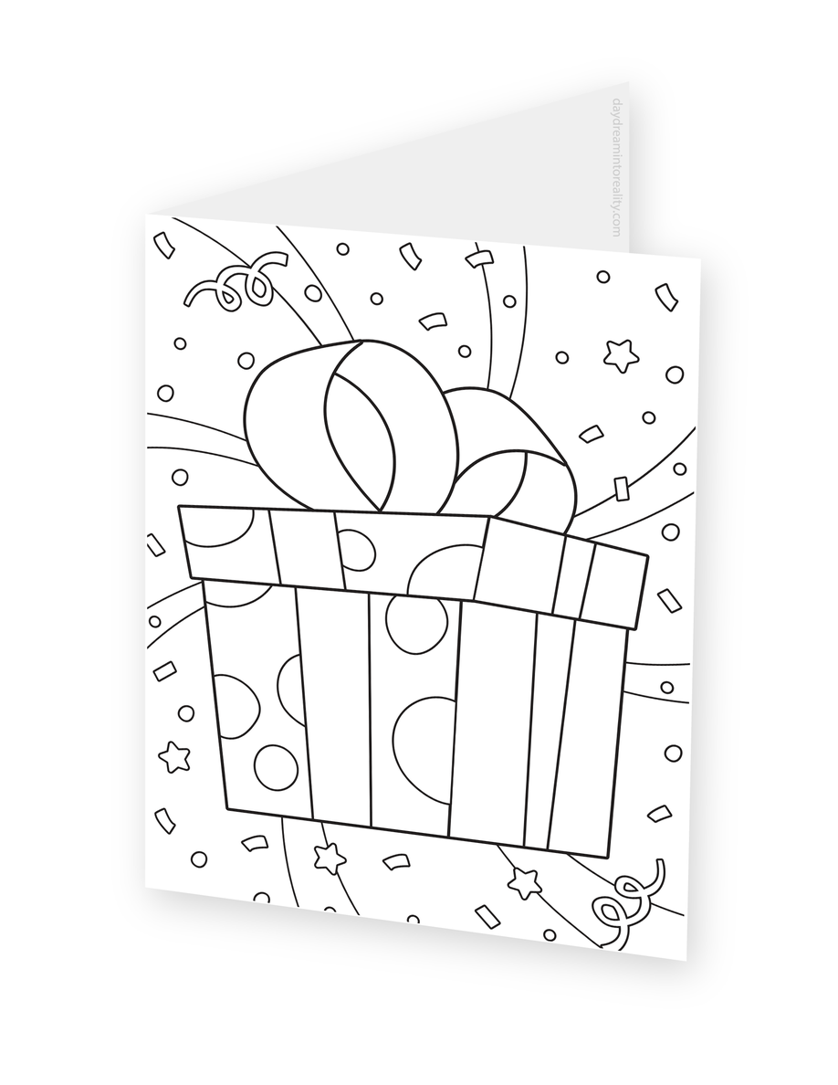Foldable coloring card featuring a large wrapped present with a bow surrounded by radiating lines and confetti.