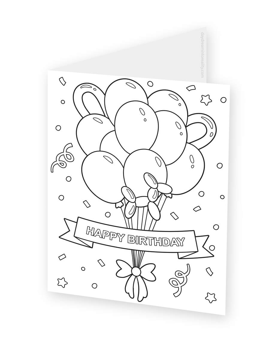 Foldable coloring card featuring a large bouquet of balloons tied with a bow and a Happy Birthday ribbon.