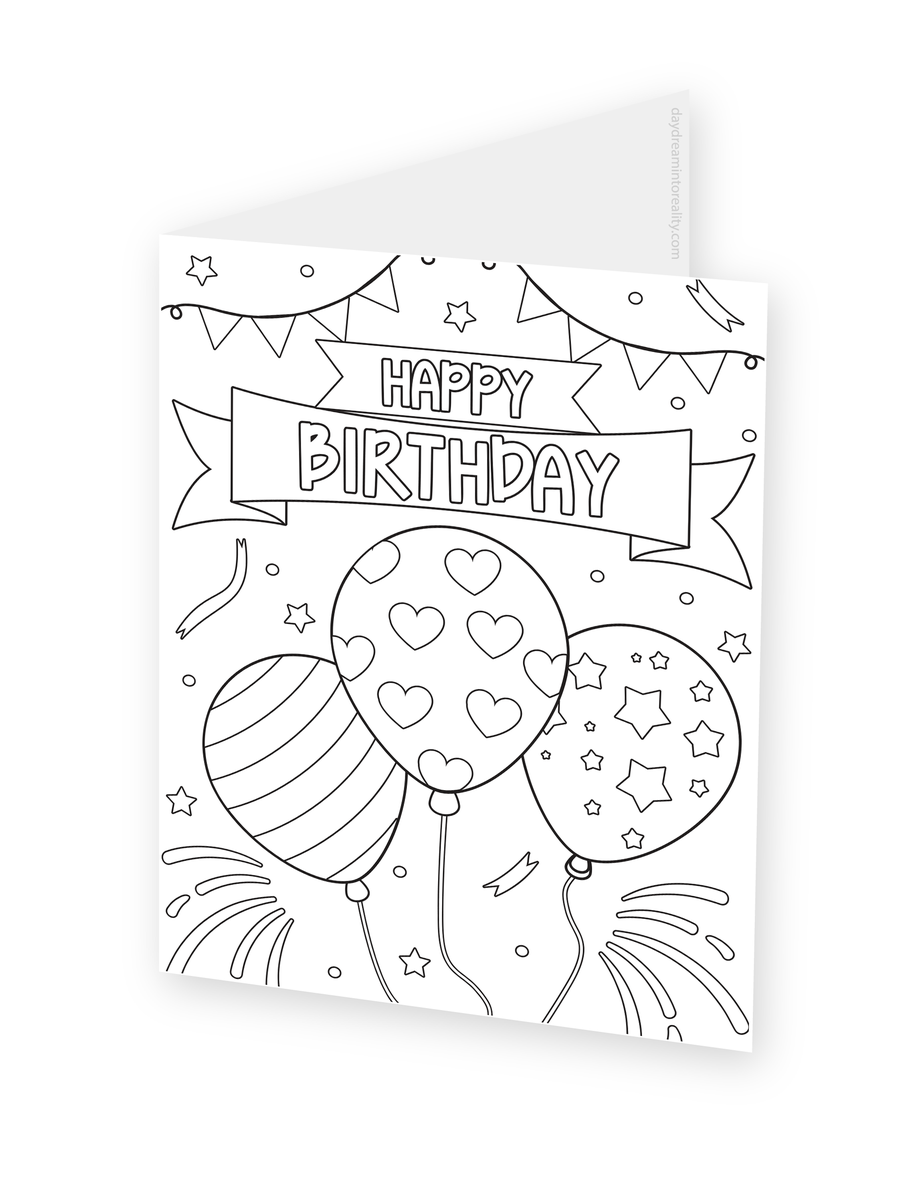 Foldable coloring card featuring three patterned balloons beneath a Happy Birthday banner and bunting.