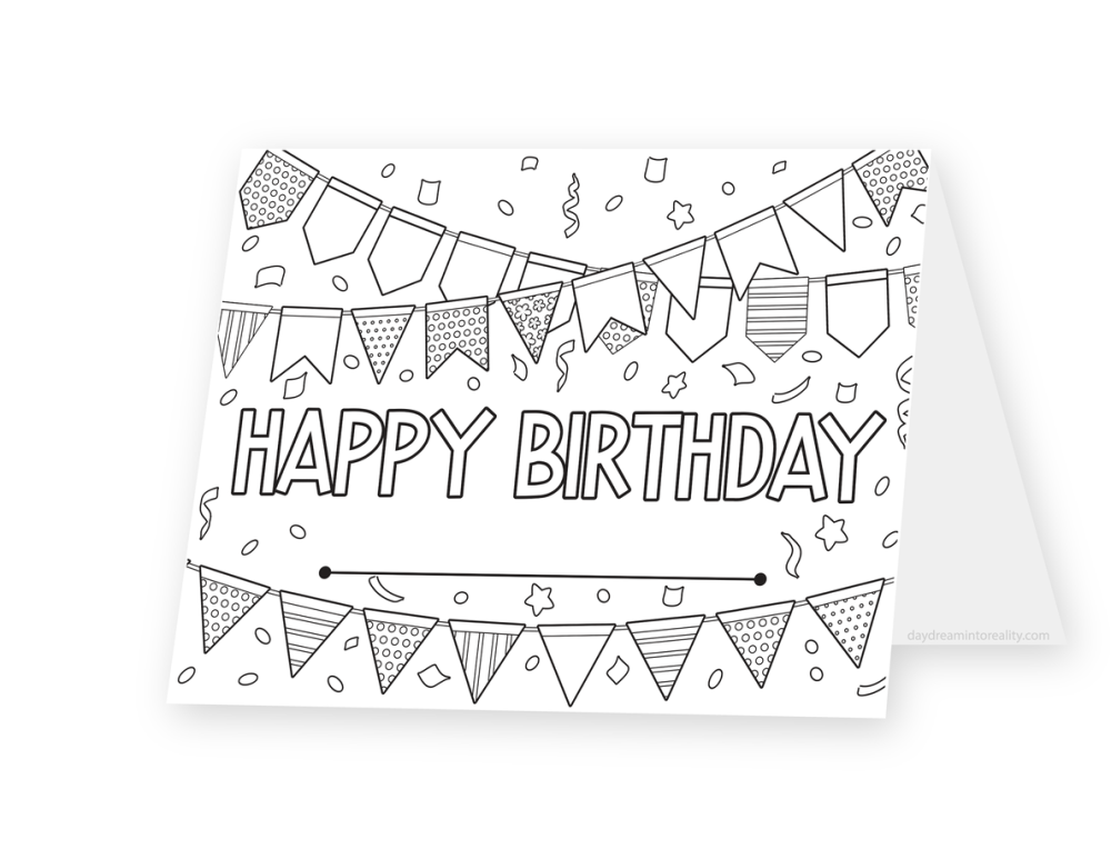 Foldable coloring card featuring Happy Birthday lettering framed by rows of patterned bunting and confetti.