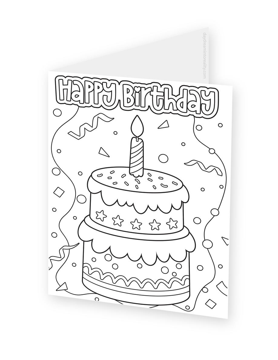 Foldable coloring card featuring a decorated two-tier cake with a candle beneath Happy Birthday lettering.