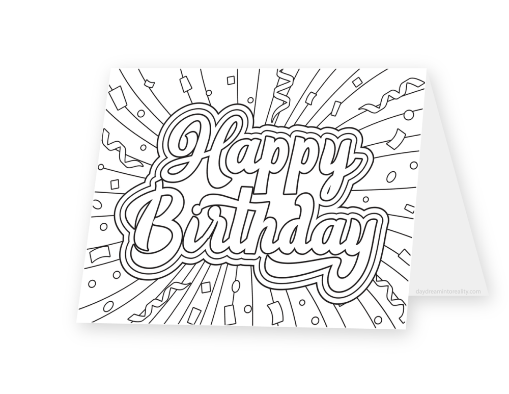 Foldable coloring card featuring bold Happy Birthday lettering over radiating lines, stars, and confetti.