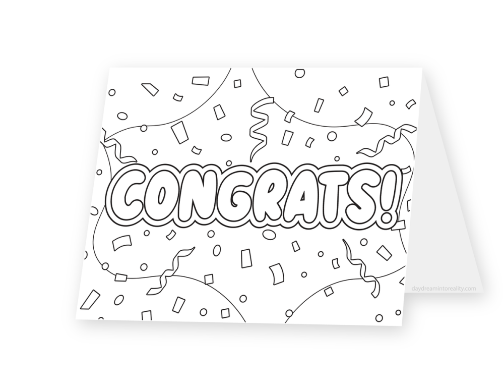 Foldable coloring card featuring large Congrats lettering surrounded by confetti and streamers.