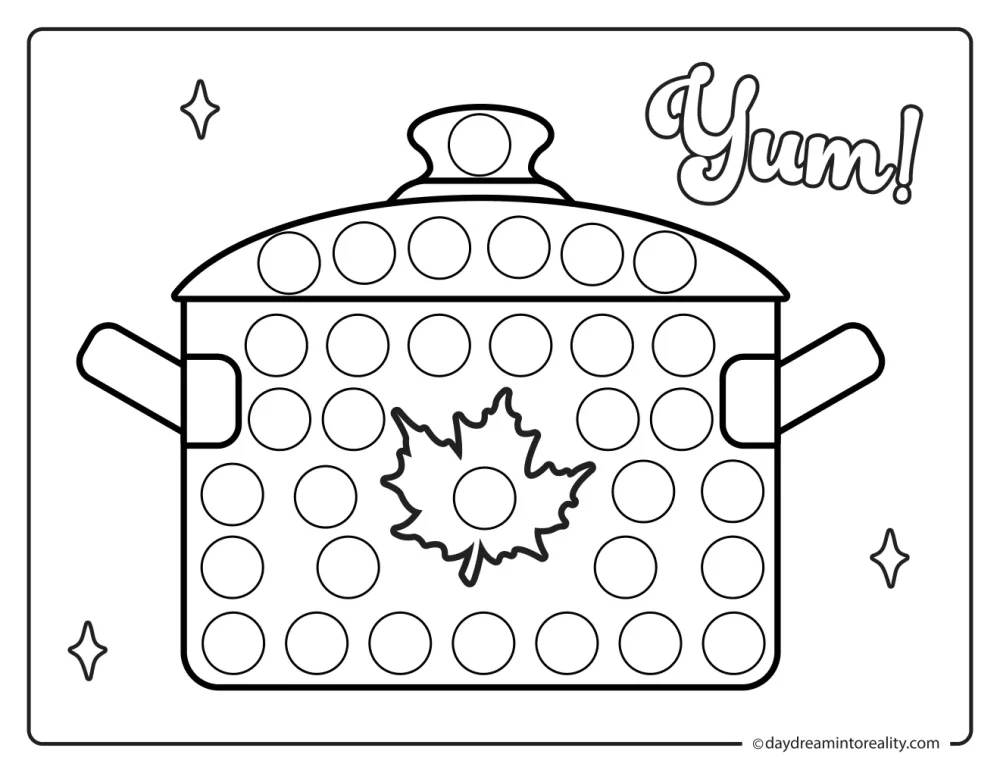 Black-and-white dot marker page featuring a lidded cooking pot with a maple leaf decoration beside the word Yum, with blank circles to dot.