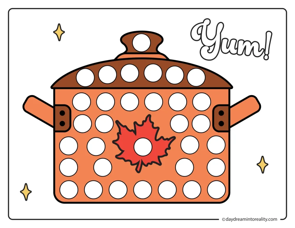 Color dot marker page featuring a lidded cooking pot with a maple leaf decoration beside the word Yum, with blank circles to dot.