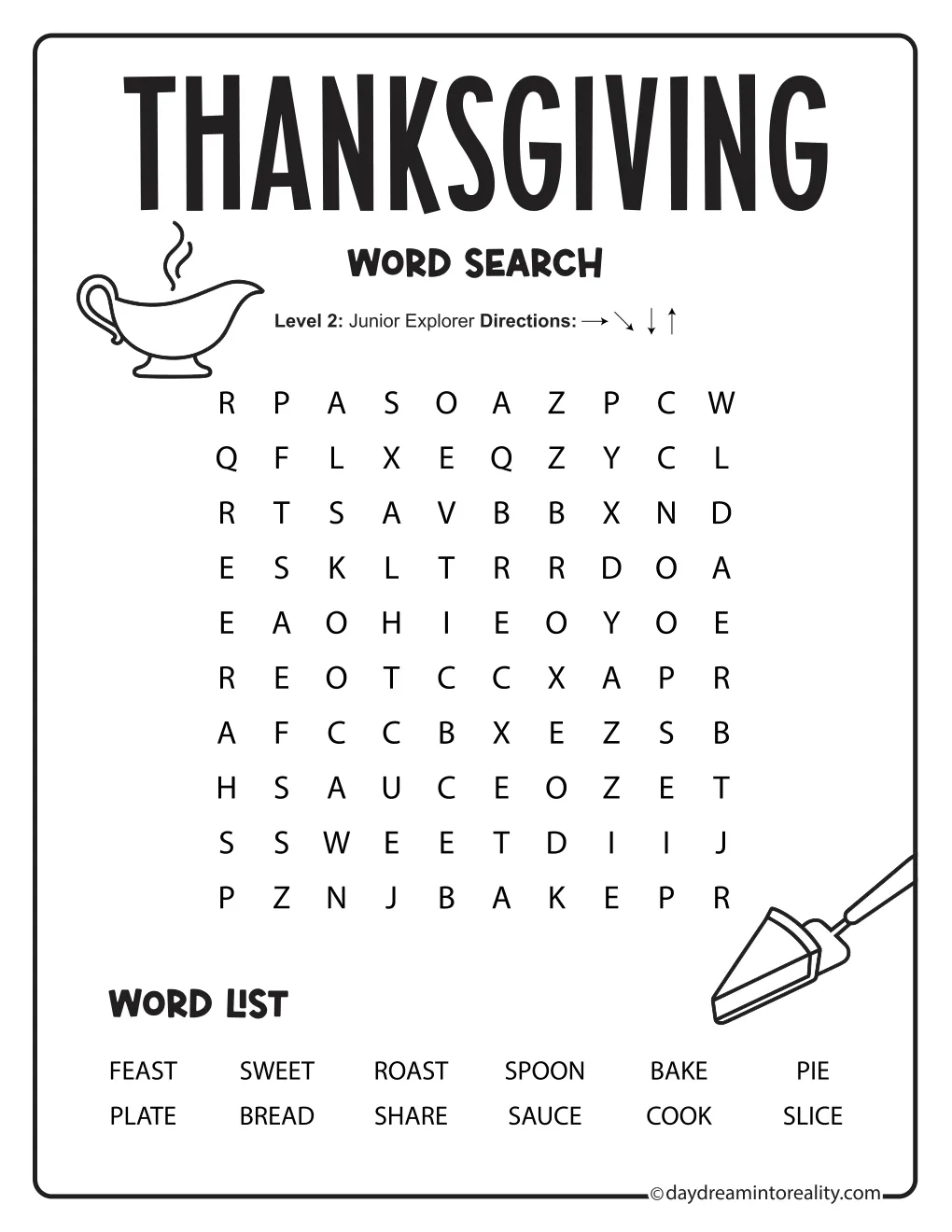 Easy Thanksgiving word search with 12 words in a 10-by-10 grid, decorated with gravy and pie illustrations.