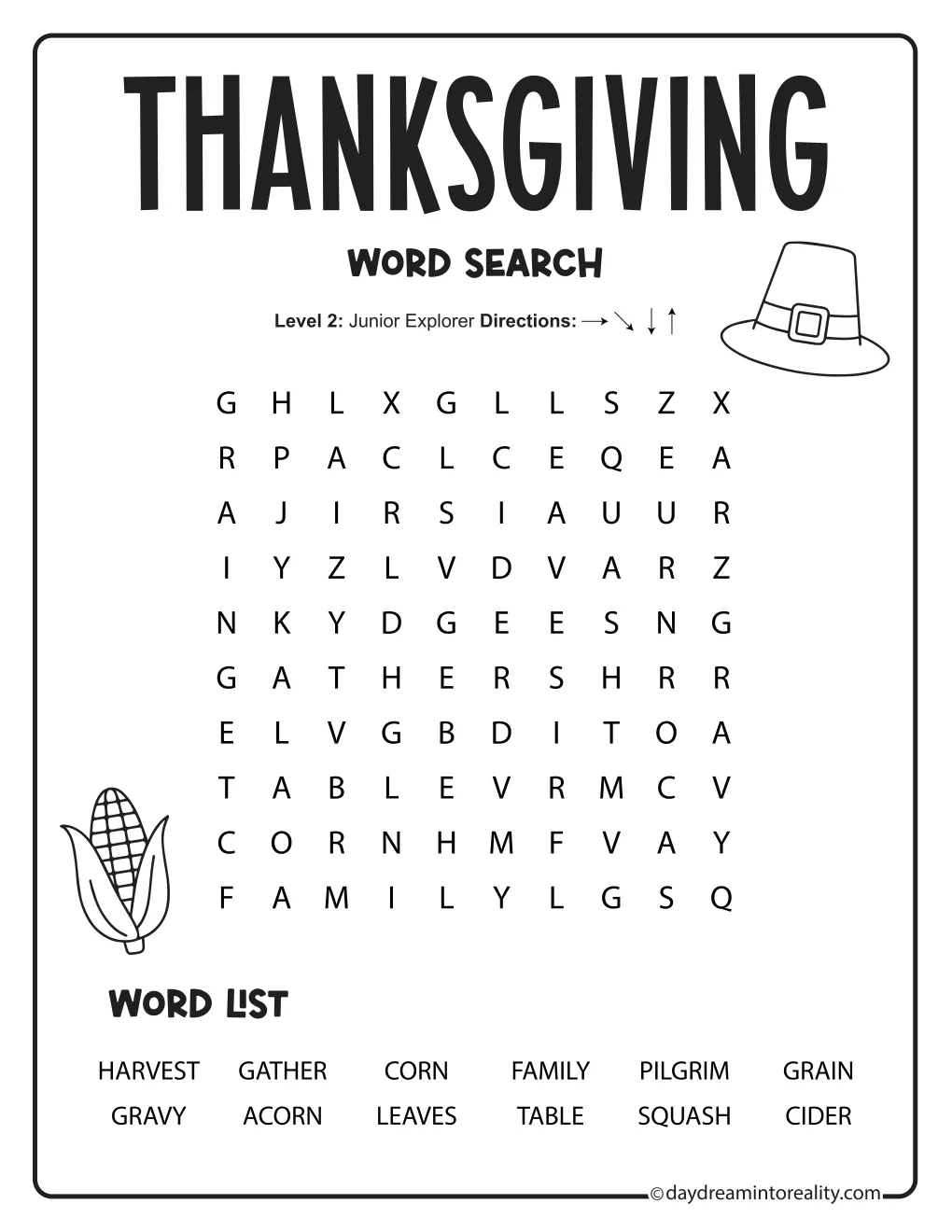 Easy Thanksgiving word search with 12 words in a 10-by-10 grid, decorated with a pilgrim hat and corn.