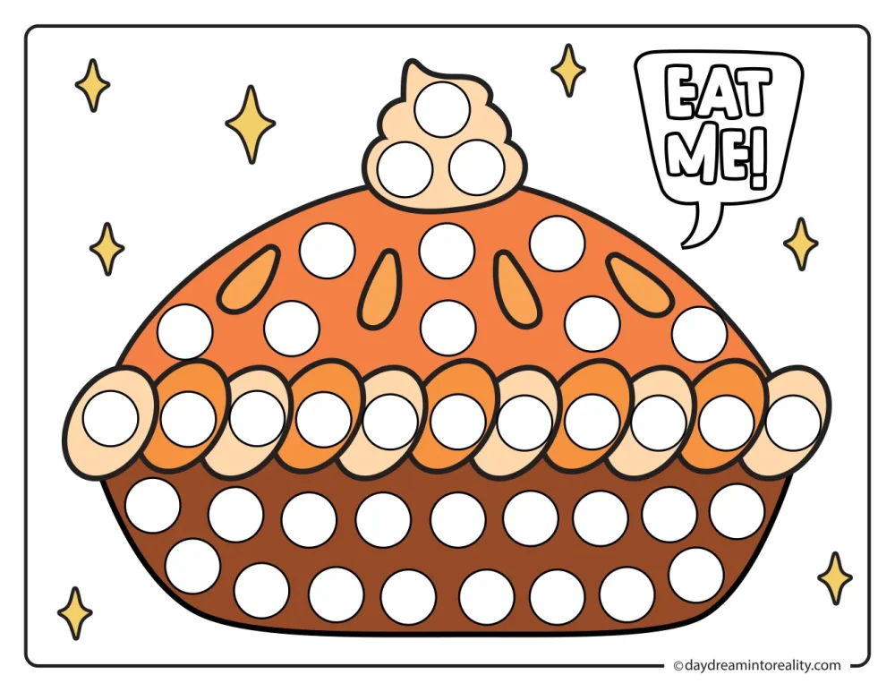 Color dot marker page featuring a whole pumpkin pie topped with whipped cream and an Eat Me speech bubble, with blank circles to dot.